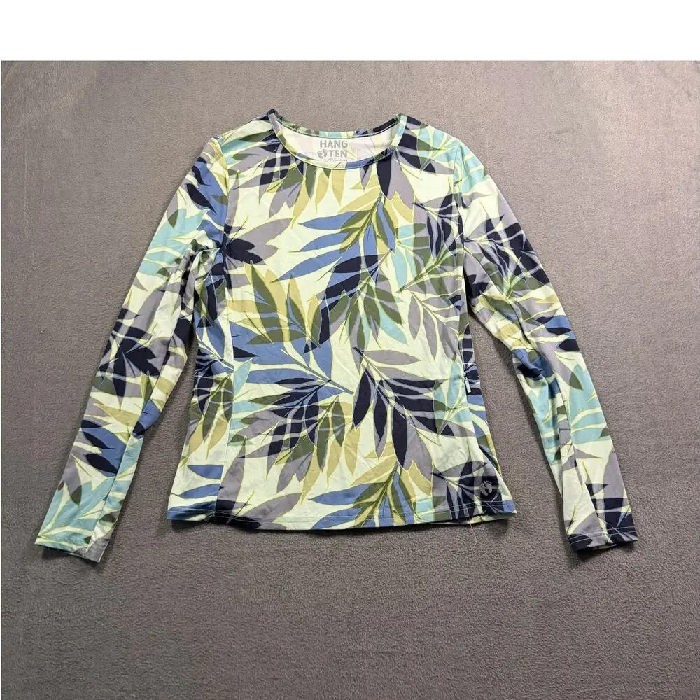 Hang Ten Solara Long Sleeve Sun Tee Leaf Palm Print Rash Guard Women's Small S
